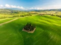 Beautiful landscape of Tuscany in Italy - Group of italian cypresses near San Quirico dÃÂ´Orcia - aerial view - Val dÃ¢â¬â¢Orcia, Royalty Free Stock Photo